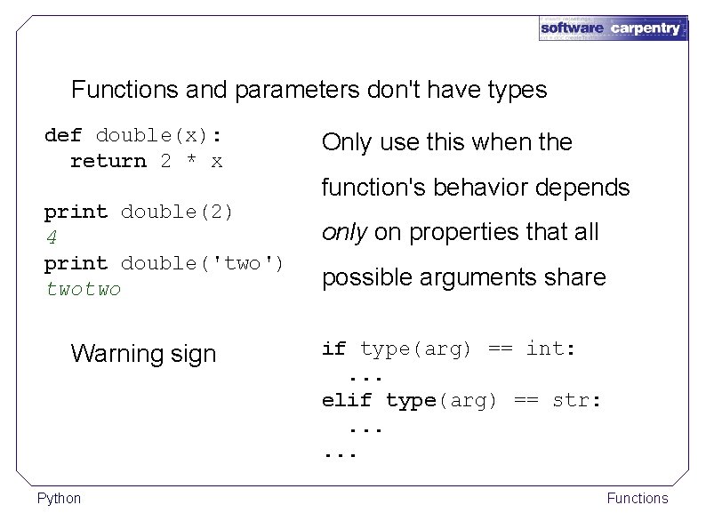 Functions and parameters don't have types def double(x): return 2 * x print double(2)