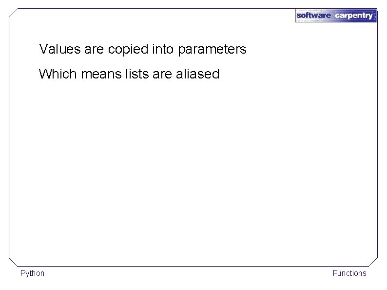 Values are copied into parameters Which means lists are aliased Python Functions 