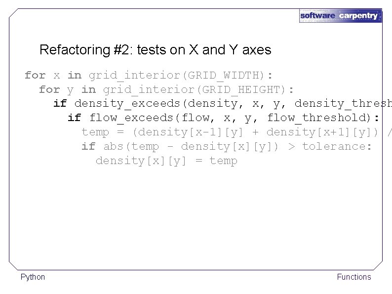 Refactoring #2: tests on X and Y axes for x in grid_interior(GRID_WIDTH): for y
