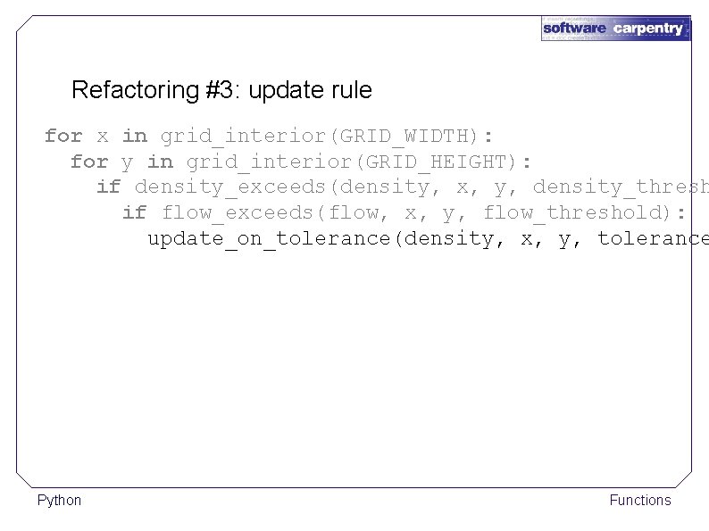 Refactoring #3: update rule for x in grid_interior(GRID_WIDTH): for y in grid_interior(GRID_HEIGHT): if density_exceeds(density,