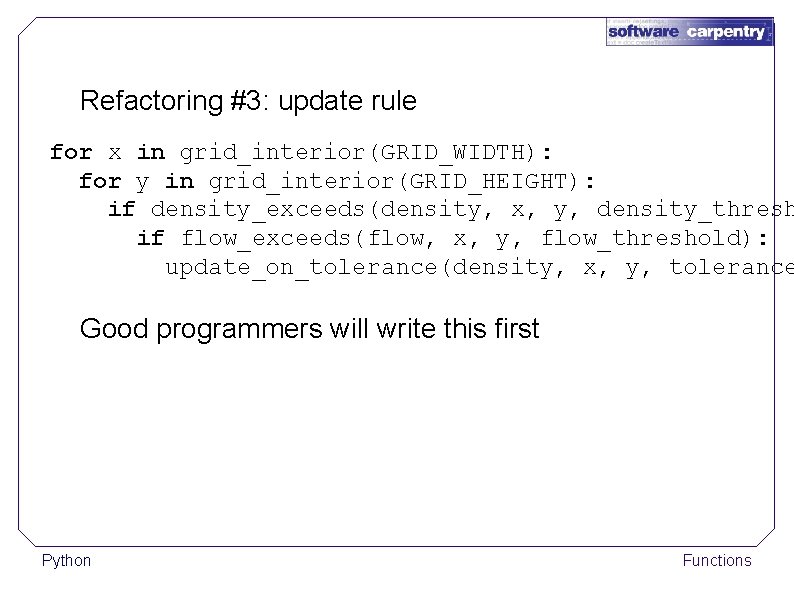 Refactoring #3: update rule for x in grid_interior(GRID_WIDTH): for y in grid_interior(GRID_HEIGHT): if density_exceeds(density,