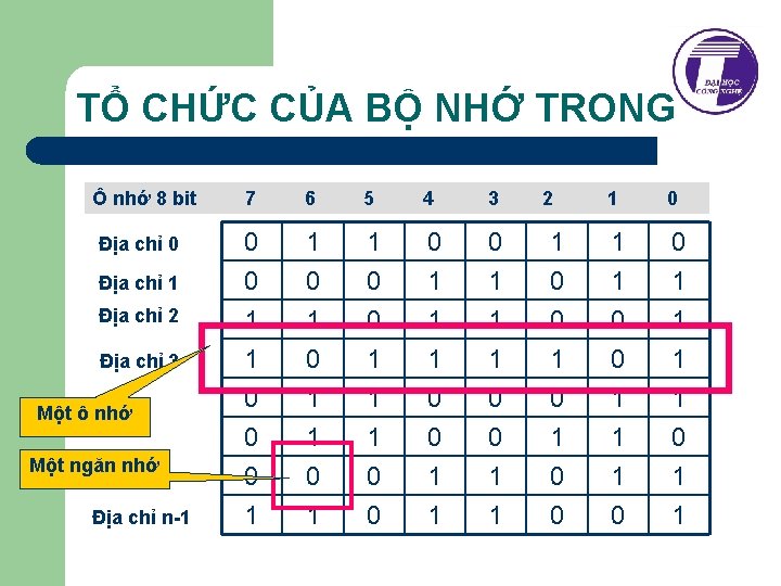 TỔ CHỨC CỦA BỘ NHỚ TRONG Ô nhớ 8 bit 7 6 5 4