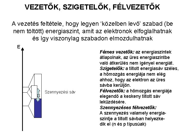 VEZETŐK, SZIGETELŐK, FÉLVEZETŐK A vezetés feltétele, hogy legyen ‘közelben levő’ szabad (be nem töltött)