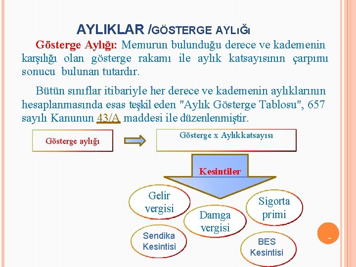 AYLIKLAR /GÖSTERGE AYLıĞı Gösterge Aylığı: Memurun bulunduğu derece ve kademenin karşılığı olan gösterge rakamı