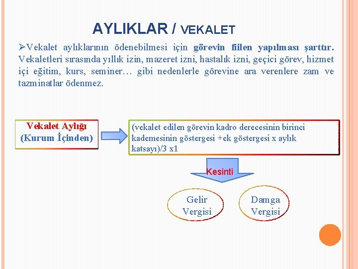 AYLIKLAR / VEKALET ØVekalet aylıklarının ödenebilmesi için görevin fiilen yapılması şarttır. Vekaletleri sırasında yıllık