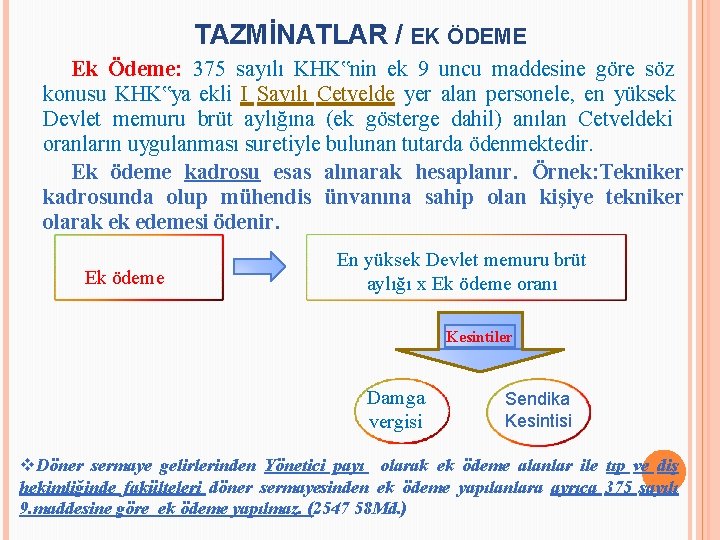 TAZMİNATLAR / EK ÖDEME Ek Ödeme: 375 sayılı KHK‟nin ek 9 uncu maddesine göre