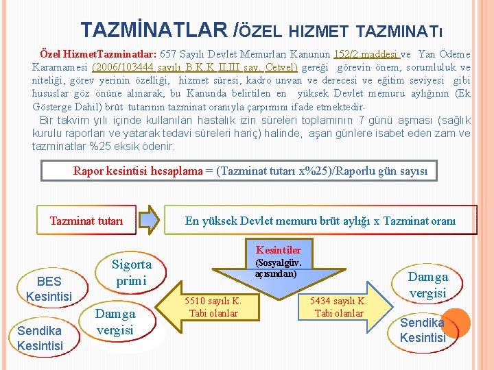 TAZMİNATLAR /ÖZEL HIZMET TAZMINATı Özel Hizmet. Tazminatlar: 657 Sayılı Devlet Memurları Kanunun 152/2 maddesi