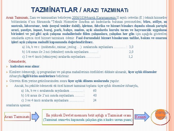 TAZMİNATLAR / ARAZI TAZMINATı Arazi Tazminatı; Zam ve tazminatları belirleyen 2006/10344 sayılı Kararnamenin II