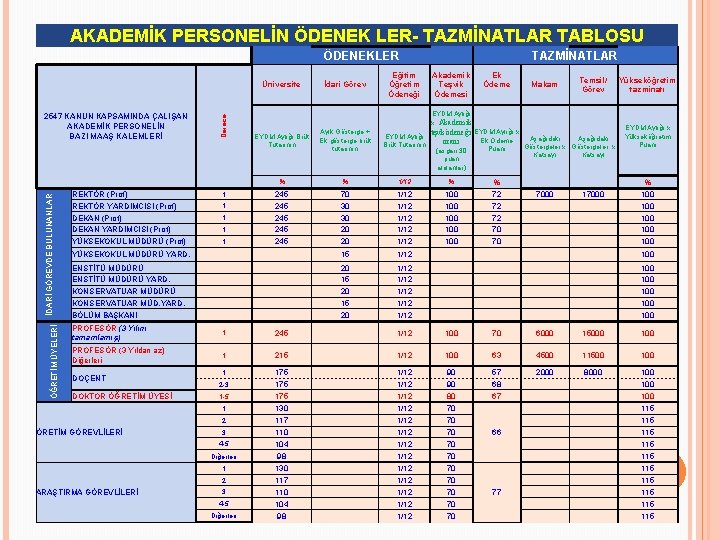 AKADEMİK PERSONELİN ÖDENEK LER- TAZMİNATLAR TABLOSU ÖDENEKLER ÖĞRETİM ÜYELERİ İDARİ GÖREVDE BULUNANLAR 2547 KANUN