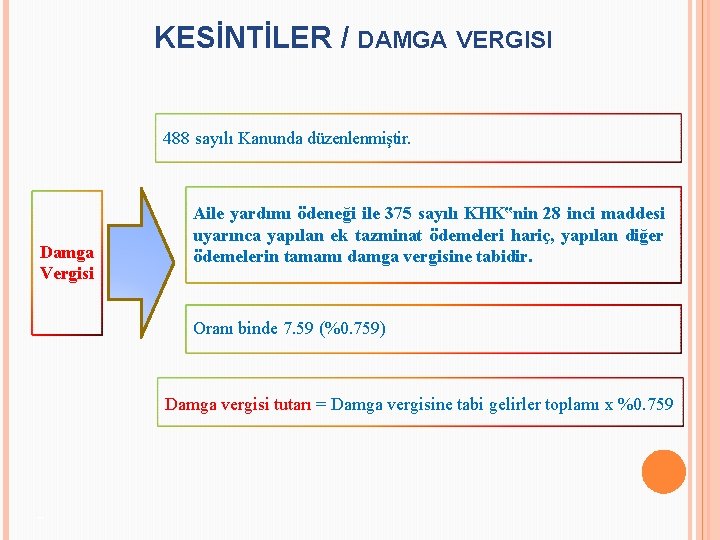 KESİNTİLER / DAMGA VERGISI 488 sayılı Kanunda düzenlenmiştir. Damga Vergisi Aile yardımı ödeneği ile