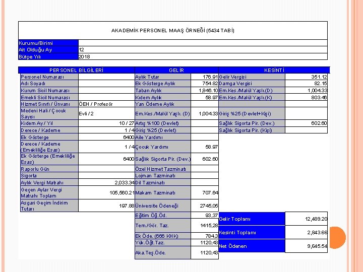  AKADEMİK PERSONEL MAAŞ ÖRNEĞİ (5434 TABİ) Kurumu/Birimi Ait Olduğu Ay 12 Bütçe Yılı