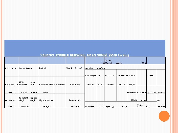 YABANCI UYRUKLU PERSONEL MAAŞ ÖRNEĞİ (5510 4/a Sig. ) Bordro Kodu Adı ve Soyadı