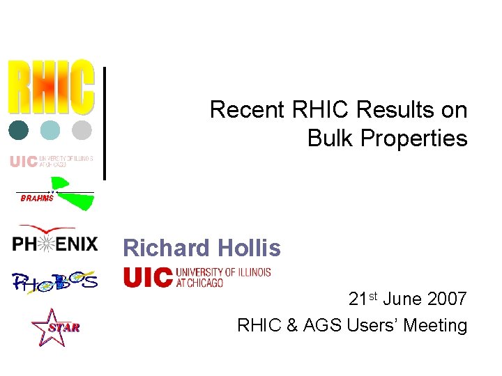 Recent RHIC Results on Bulk Properties Richard Hollis 21 st June 2007 RHIC &