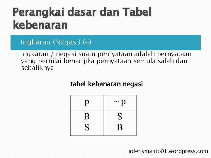 Perangkai dasar dan Tabel kebenaran Ø � Ingkaran (Negasi) ( ) Ingkaran / negasi Perangkai dasar dan Tabel kebenaran Ø � Ingkaran (Negasi) ( ) Ingkaran / negasi