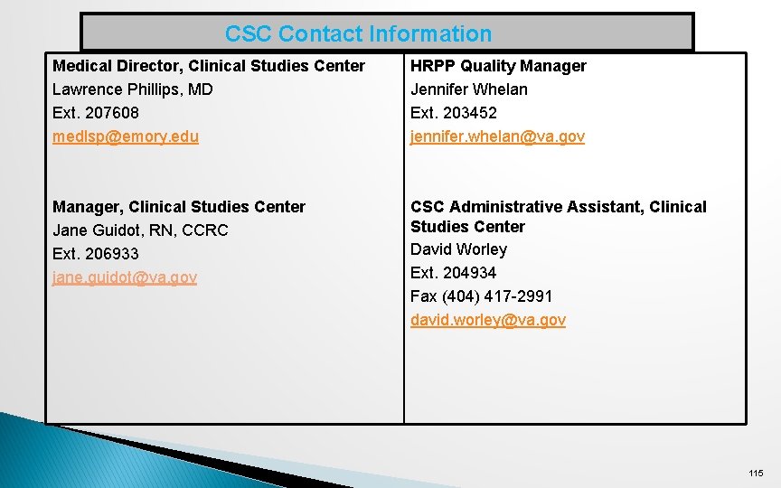 CSC Contact Information Medical Director, Clinical Studies Center Lawrence Phillips, MD Ext. 207608 medlsp@emory.