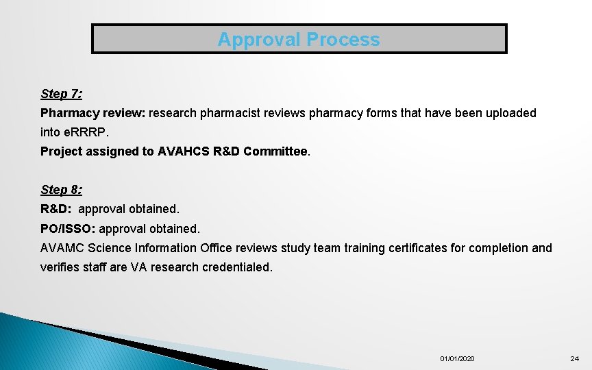 Approval Process Step 7: Pharmacy review: research pharmacist reviews pharmacy forms that have been