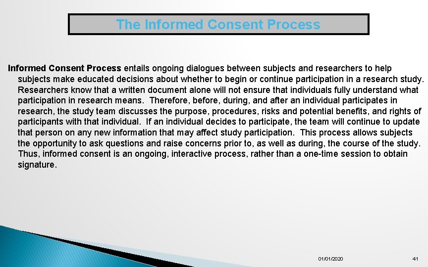 The Informed Consent Process entails ongoing dialogues between subjects and researchers to help subjects