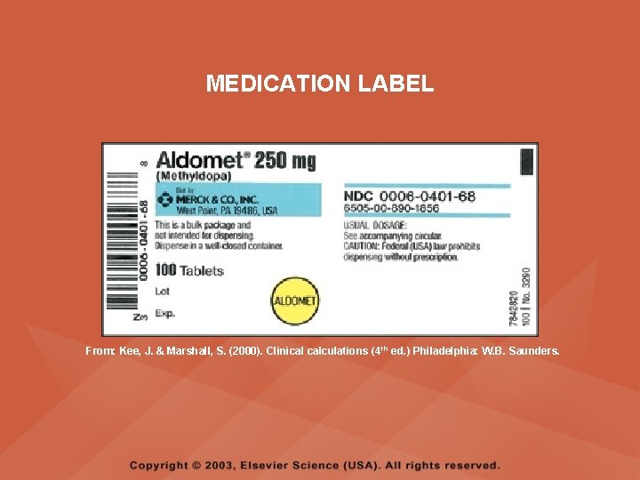 MEDICATION LABEL From: Kee, J. & Marshall, S. (2000). Clinical calculations (4 th ed.