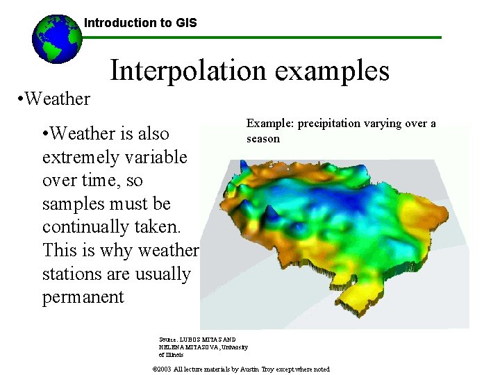 Introduction to GIS Interpolation examples • Weather is also extremely variable over time, so