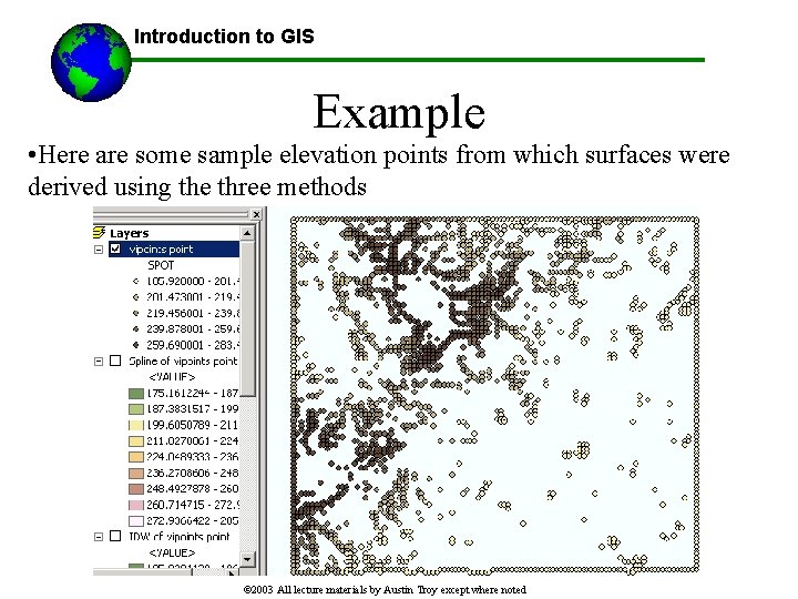 Introduction to GIS Example • Here are some sample elevation points from which surfaces