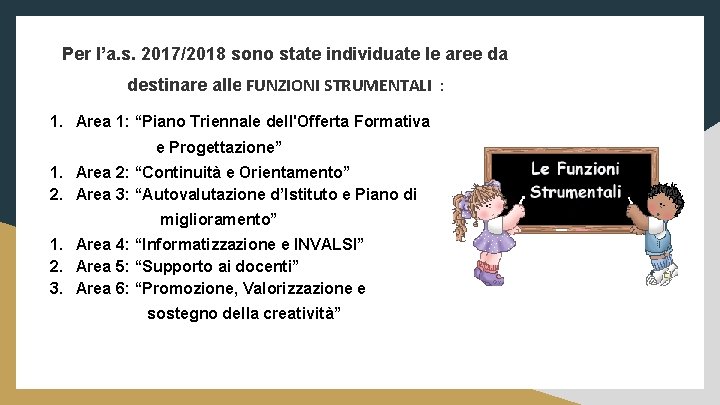 Per l’a. s. 2017/2018 sono state individuate le aree da destinare alle FUNZIONI STRUMENTALI