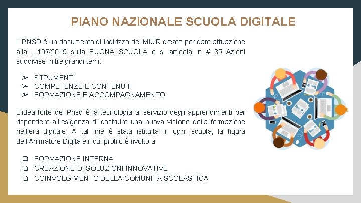 PIANO NAZIONALE SCUOLA DIGITALE Il PNSD è un documento di indirizzo del MIUR creato