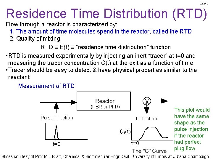 L 22 -8 Residence Time Distribution (RTD) Flow through a reactor is characterized by: