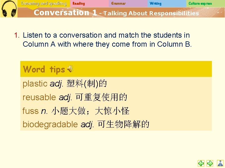 Listening and speaking Reading Grammar Writing Culture express Conversation 1 - Talking About Responsibilities