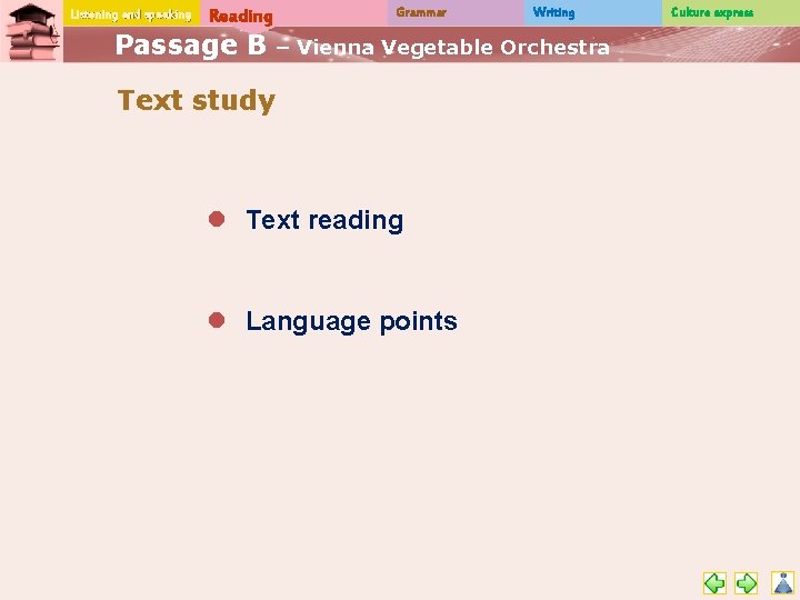 Listening and speaking Reading Passage B Grammar Writing – Vienna Vegetable Orchestra Text study