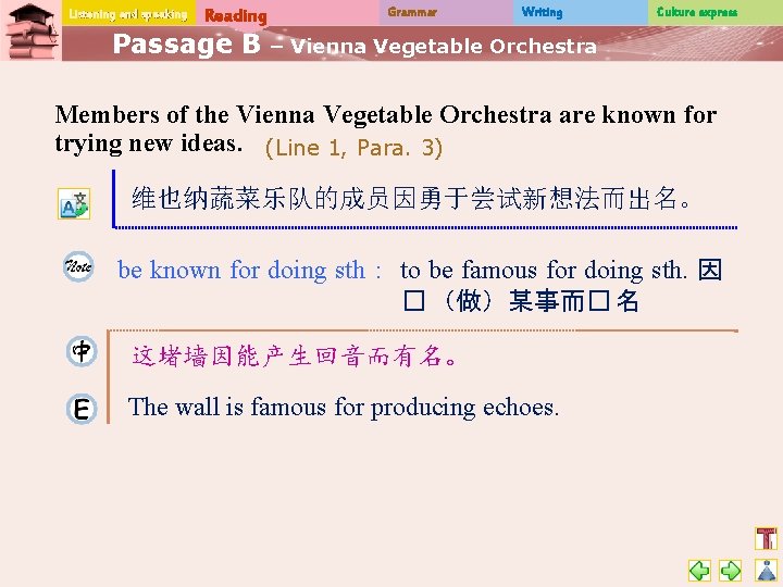 Listening and speaking Reading Passage B Grammar Writing Culture express – Vienna Vegetable Orchestra
