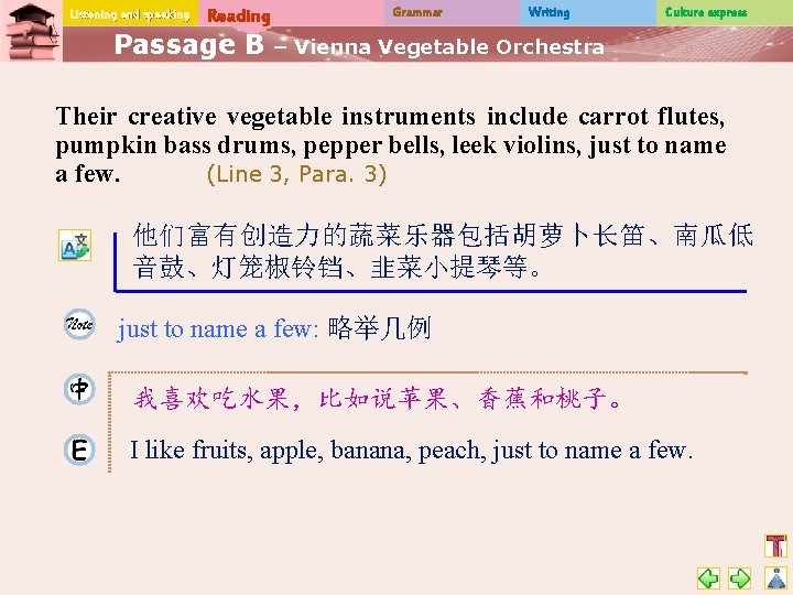 Listening and speaking Reading Passage B Grammar Writing Culture express – Vienna Vegetable Orchestra