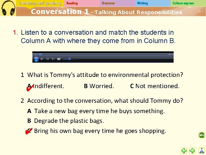 Listening and speaking Reading Grammar Writing Culture express Conversation 1 - Talking About Responsibilities