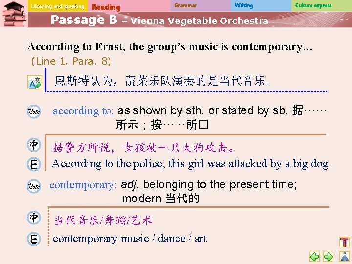 Listening and speaking Reading Passage B Grammar Writing Culture express – Vienna Vegetable Orchestra