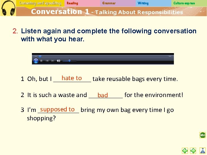Listening and speaking Reading Grammar Writing Culture express Conversation 1 - Talking About Responsibilities