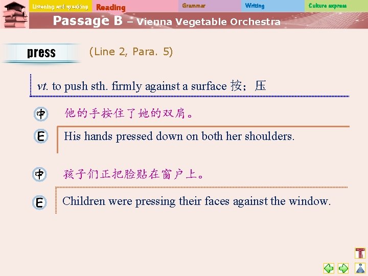 Listening and speaking Reading Passage B press Grammar Writing Culture express – Vienna Vegetable