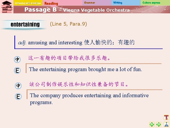 Listening and speaking Reading Passage B entertaining Grammar Writing Culture express – Vienna Vegetable