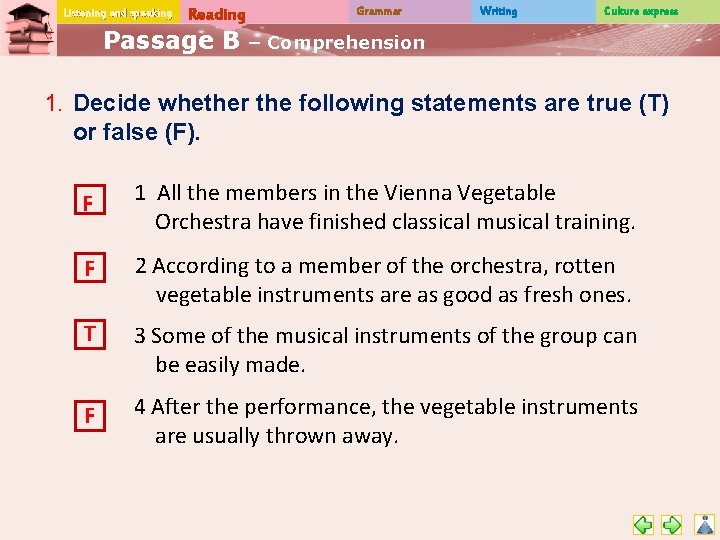 Listening and speaking Reading Passage B Grammar Writing Culture express – Comprehension 1. Decide