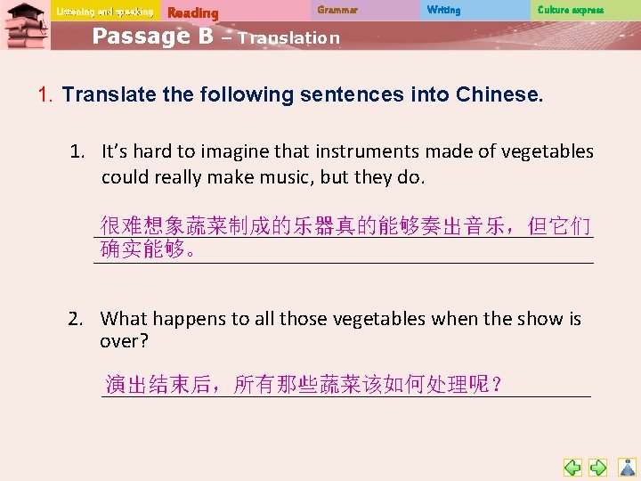 Listening and speaking Reading Passage B Grammar Writing Culture express – Translation 1. Translate