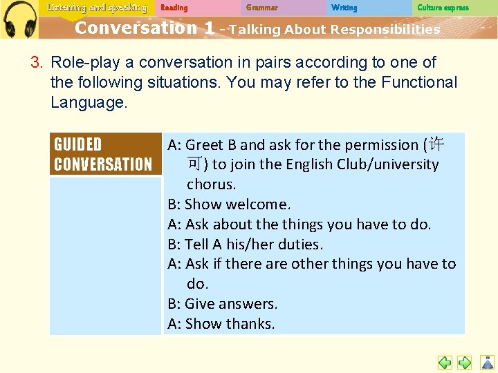 Listening and speaking Reading Grammar Writing Culture express Conversation 1 - Talking About Responsibilities