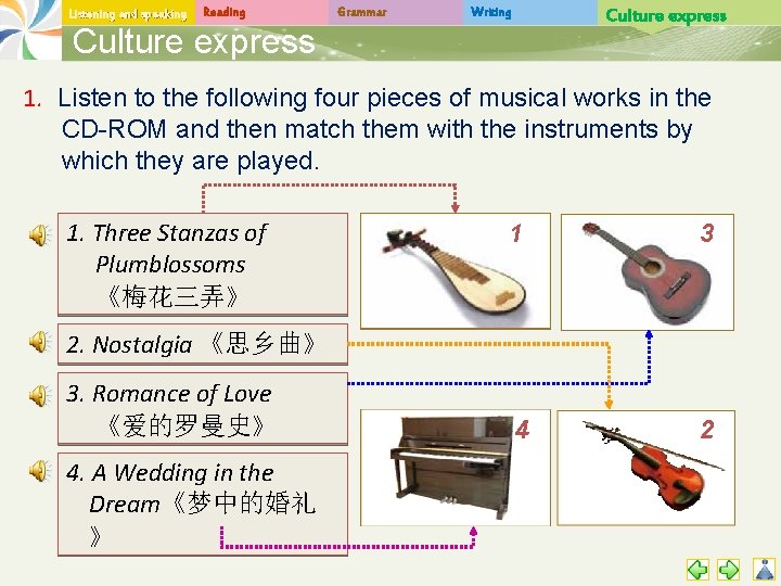 Listening and speaking Reading Grammar Culture express Writing Culture express 1. Listen to the