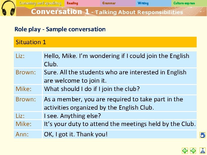 Listening and speaking Reading Grammar Writing Culture express Conversation 1 - Talking About Responsibilities
