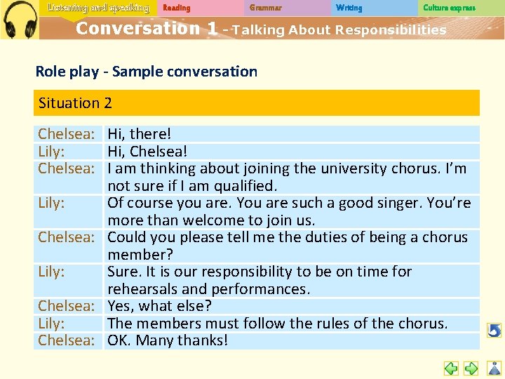 Listening and speaking Reading Grammar Writing Culture express Conversation 1 - Talking About Responsibilities