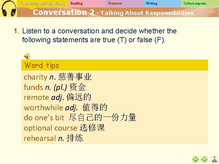Listening and speaking Reading Grammar Writing Culture express Conversation 2 - Talking About Responsibilities