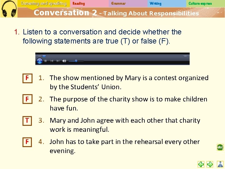 Listening and speaking Reading Grammar Writing Culture express Conversation 2 - Talking About Responsibilities