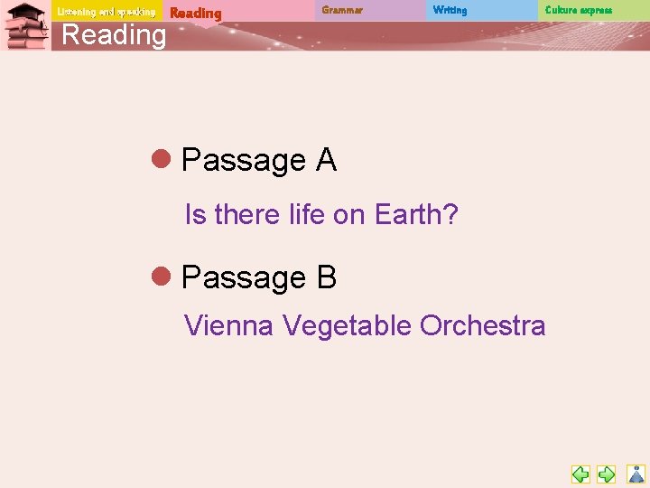Listening and speaking Reading Grammar Writing Culture express l Passage A Is there life