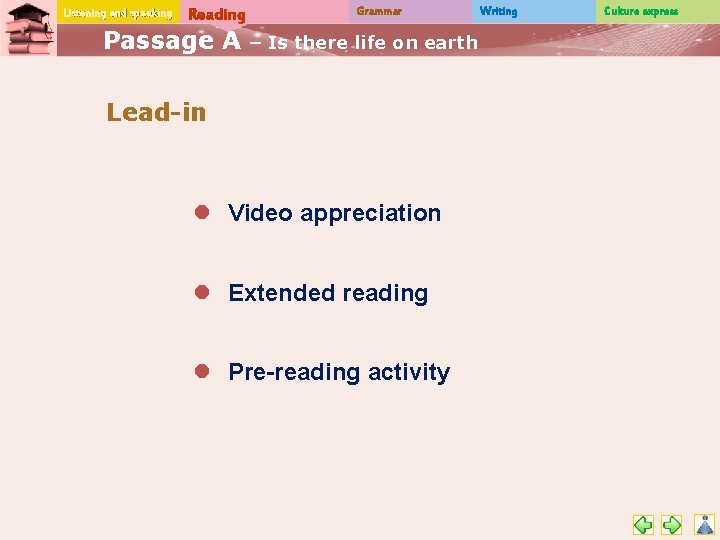 Listening and speaking Reading Passage A Grammar – Is there life on earth Lead-in