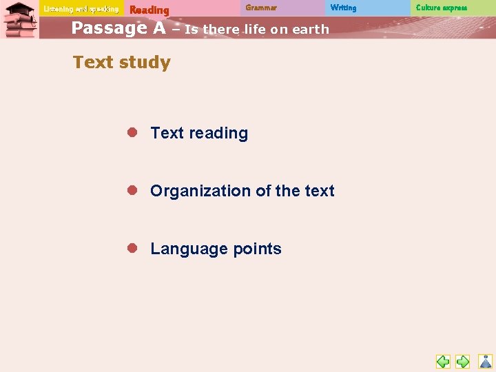Listening and speaking Reading Passage A Grammar Writing – Is there life on earth