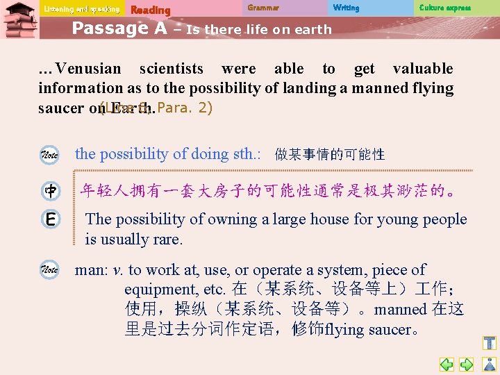 Listening and speaking Reading Passage A Grammar Writing Culture express – Is there life