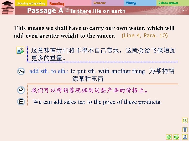 Listening and speaking Reading Passage A Grammar Writing Culture express – Is there life