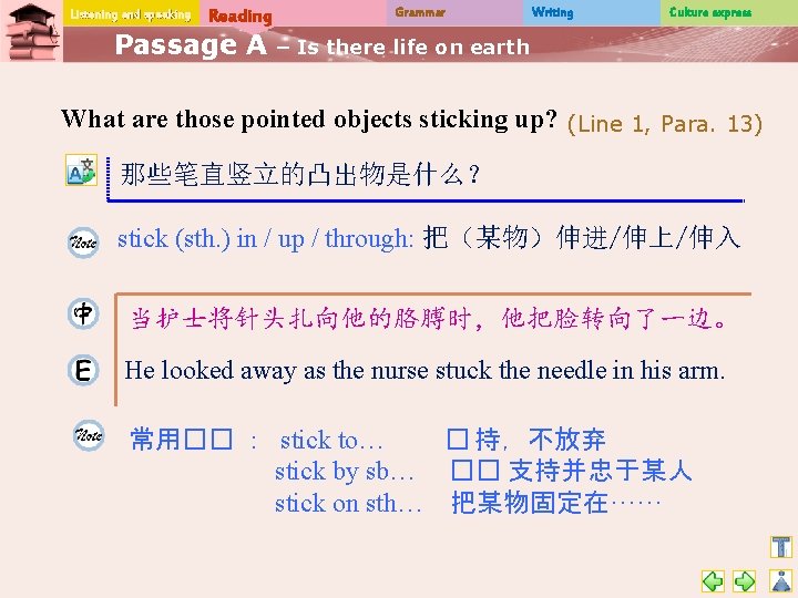 Listening and speaking Reading Passage A Grammar Writing Culture express – Is there life